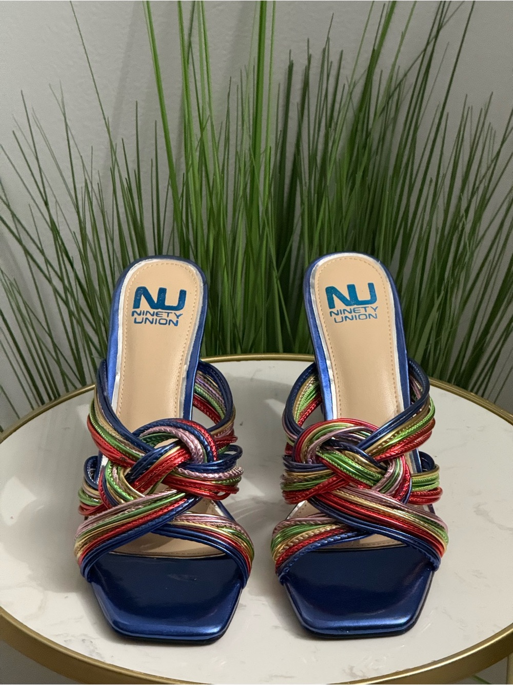 NIB Ninety Union Brazil Blue Multi-Color Knot Mule Heels - Picture 3 of 4
